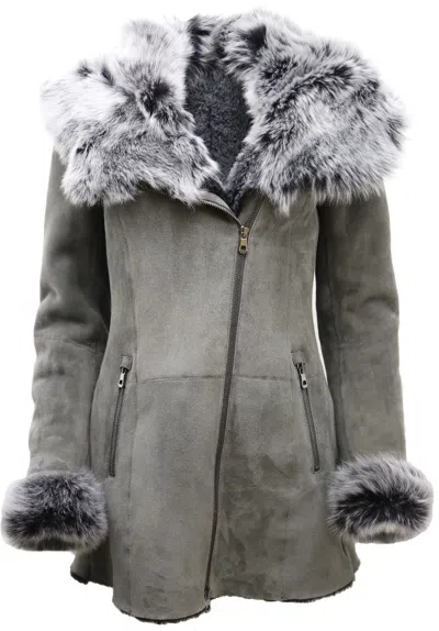 Infinity Leather Womens Grey Suede Hooded Merino Sheepskin Coat-monrovia In Gray