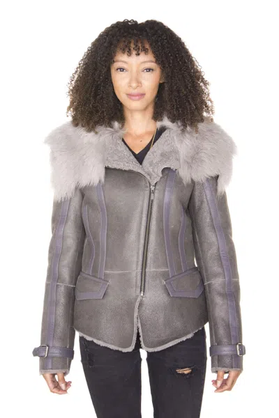 Infinity Leather Womens Grey Toscana Shearling Flying Jacket-polegate