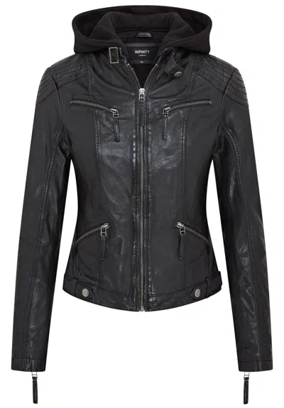 Infinity Leather Womens Hooded Classic Biker Jacket - Brazzaville In Black
