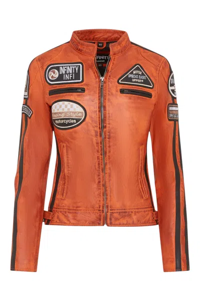 INFINITY LEATHER WOMENS LEATHER BIKER RACING BADGES JACKET-AGADIR