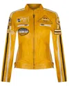 Infinity Leather Womens Biker Racing Badges Leather Jacket-eastleigh In Yellow