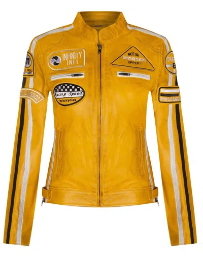 Infinity Leather Womens Leather Biker Racing Badges Jacket-agadir In Yellow