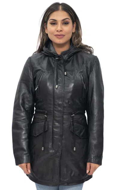 Infinity Leather Womens Leather Hooded Parka Jacket-bucharest In Black