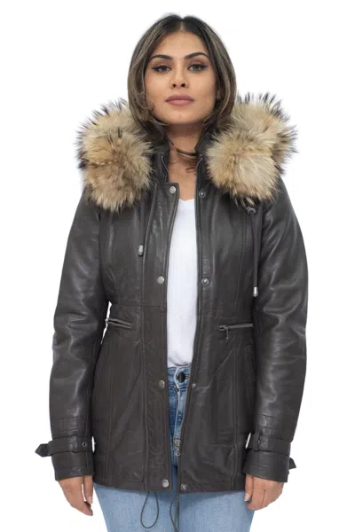 Infinity Leather Womens Leather Hooded Parka Jacket-putian In Brown