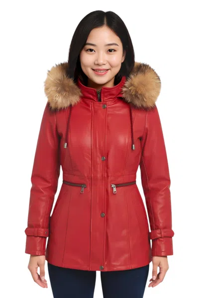 Infinity Leather Womens Leather Hooded Parka Jacket-putian In Red