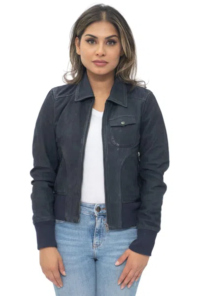Infinity Leather Womens Leather Ma-1 Varsity Jacket-ann Arbor In Blue