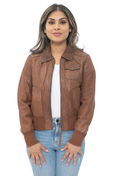 Infinity Leather Womens Leather Ma-1 Varsity Jacket-ann Arbor In Brown
