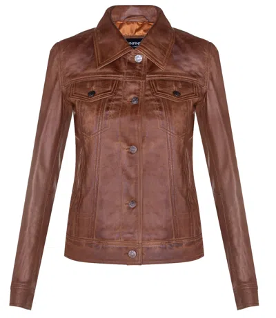 Infinity Leather Womens Leather Trucker Jeans Jacket-anderlecht In Brown