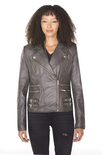 Infinity Leather Womens Leather Vintage Brando Biker Jacket-orlando In Gray