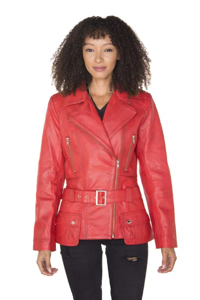 Infinity Leather Womens Long Leather Biker Jacket-quito In Red