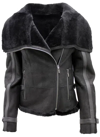 Infinity Leather Womens Merino Sheepskin Aviator Leather Jacket-asmara In Black