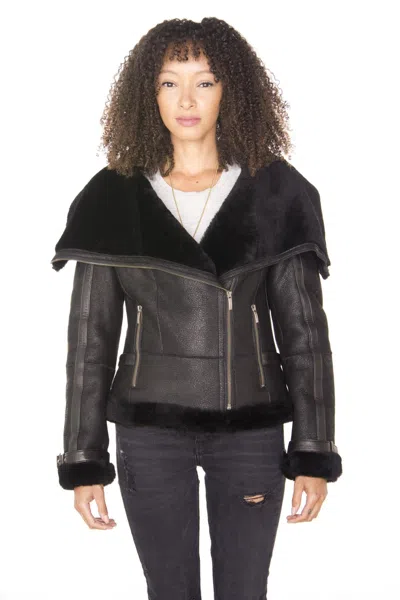 Infinity Leather Womens Merino Sheepskin Aviator Leather Jacket-petworth In Black