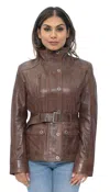 Infinity Leather Womens Military Style Leather Biker Jacket-phoenix In Brown