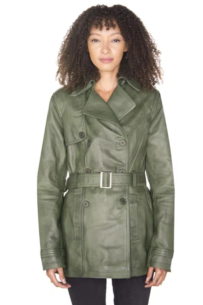 Infinity Leather Womens Nappa Leather Trench Coat-mosul In Green