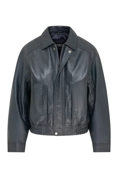 Infinity Leather Womens Navy Leather Biker Bomber Oversized Jacket - Blouson In Blue