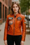 Infinity Leather Womens White Leather Biker Racing Badges Jacket-dalby In Orange