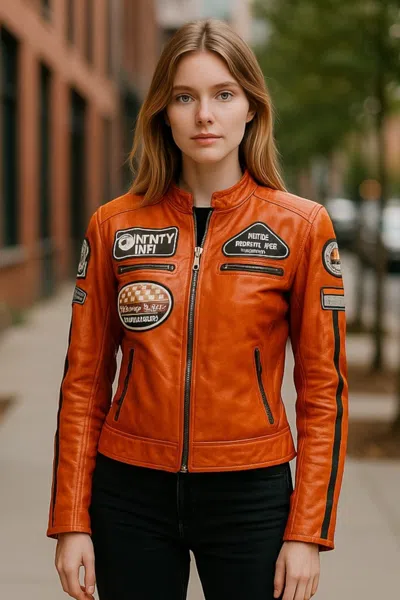 INFINITY LEATHER WOMENS ORANGE BIKER RACING BADGES LEATHER JACKET-EASTLEIGH