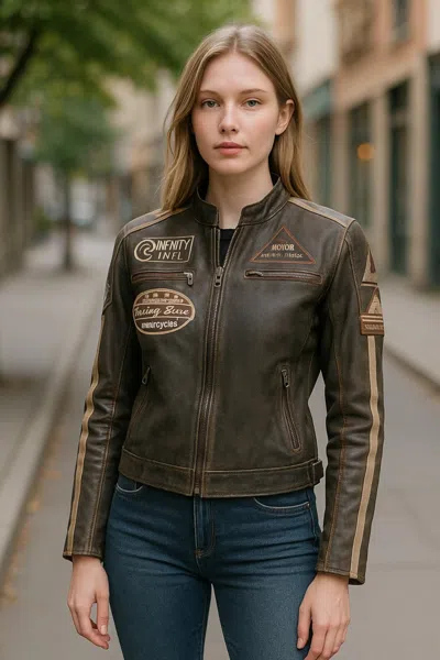 Infinity Leather Womens Orange Biker Racing Badges Leather Jacket-eastleigh In Brown