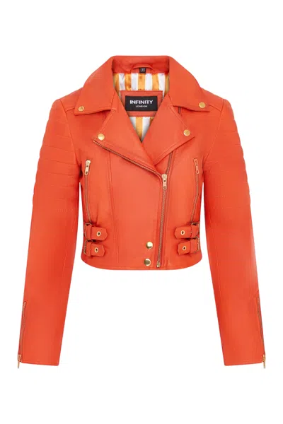 INFINITY LEATHER WOMENS ORANGE BRANDO CROPPED LEATHER JACKET-LONGTOWN