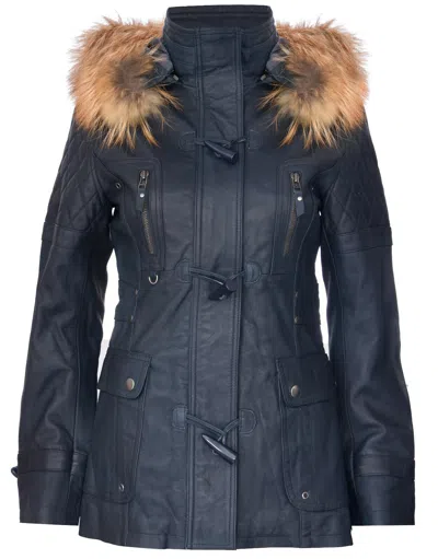 Infinity Leather Womens Quilted Leather Hooded Parka Jacket-northampton In Blue