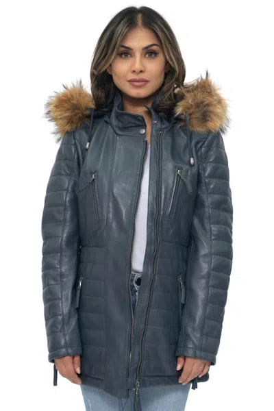 Infinity Leather Womens Quilted Leather Parka Jacket-curitiba In Blue