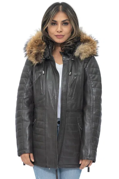Infinity Leather Womens Quilted Leather Parka Jacket-curitiba In Brown