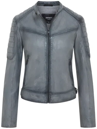 Infinity Leather Womens Retro Quilted Leather Biker Jacket - Horten In Grey
