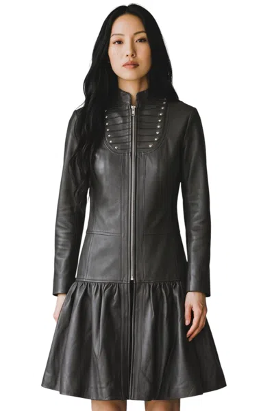 Infinity Leather Womens Ribet Goth Black Leather Victorian Studded Flare Coat- Larvik