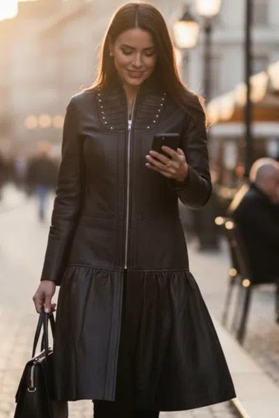Infinity Leather Womens Ribet Goth Black Leather Victorian Studded Flare Coat- Mist