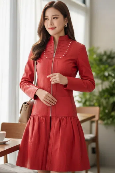 Infinity Leather Womens Ribet Goth Red Leather Victorian Studded Flare Coat- Mist