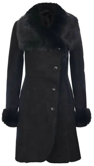 Infinity Leather Womens Suede Merino Shearling Coat With Toscana Collar-rochford In Black