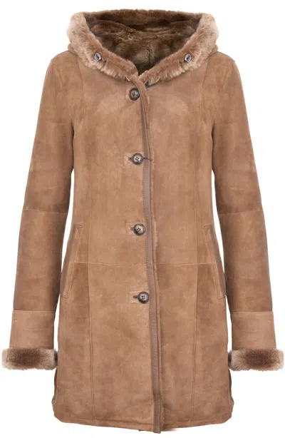 INFINITY LEATHER WOMENS SUEDE MERINO SHEEPSKIN PARKA COAT-TRIPOLI