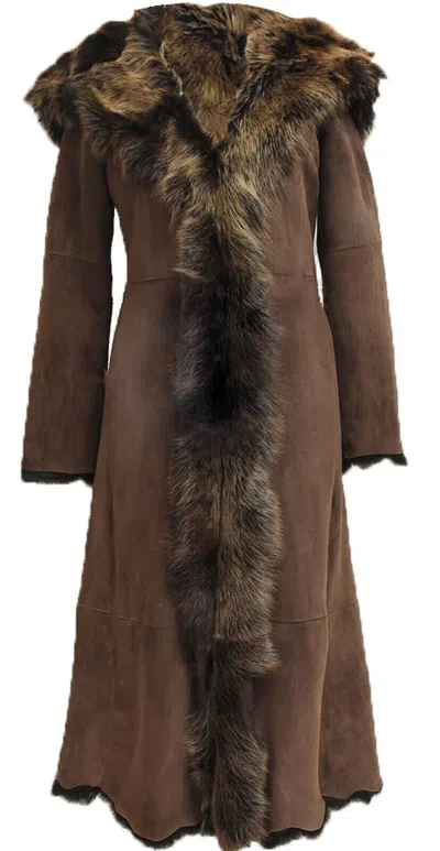 Infinity Leather Womens Suede Toscana Sheepskin Hooded Trench Coat-rushden In Brown