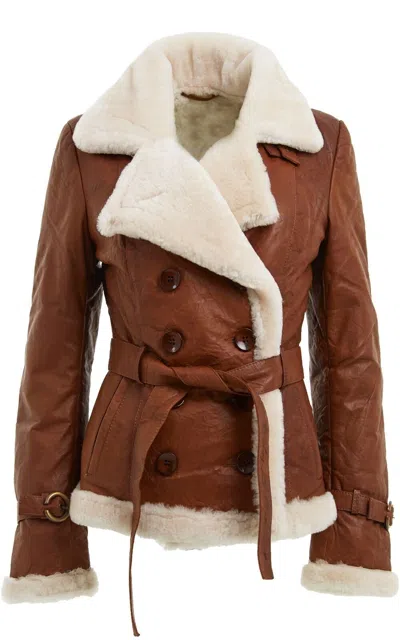 Infinity Leather Womens Tan Double Breasted Sheepskin Aviator Jacket-petersfield In Brown