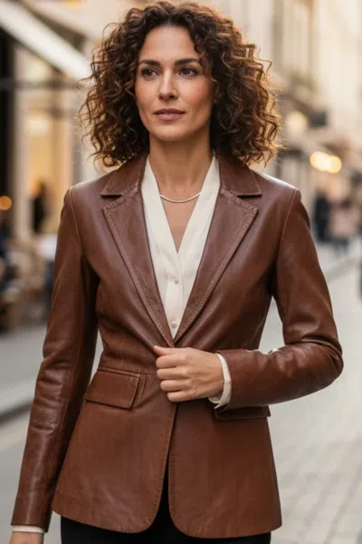 Infinity Leather Womens Tan Italian Leather Blazer Jacket-eclipse In Brown
