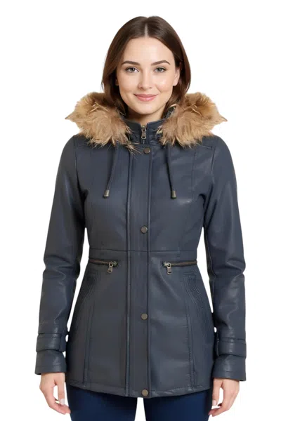 Infinity Leather Womens Tan Leather Hooded Parka Jacket-charleville In Blue