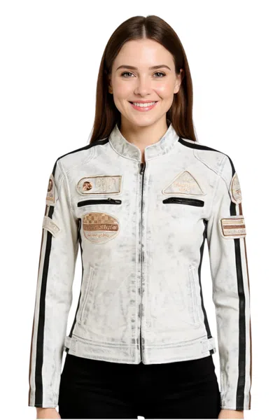 Infinity Leather Womens White Leather Biker Racing Badges Jacket-dalby