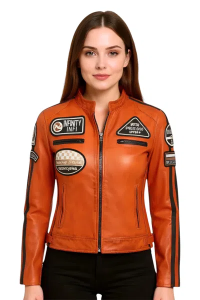 Infinity Leather Womens White Leather Biker Racing Badges Jacket-dalby In Orange