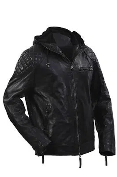 Pre-owned Infinity Men's Black 100% Sheepskin Nappa Leather Hooded Quilted Jacket