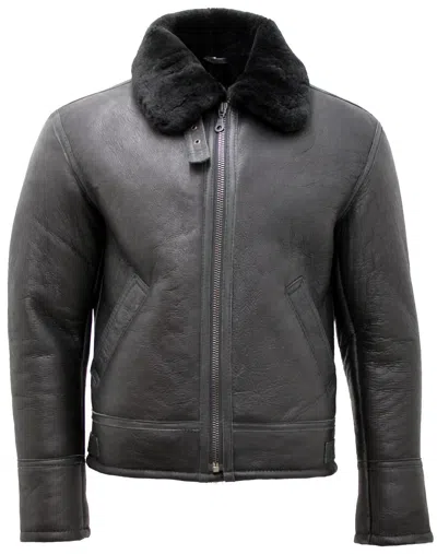 Pre-owned Infinity Men's Black 'air Force' Real Shearling Sheepskin Fur Flying Leather Jacket