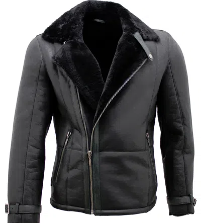 Pre-owned Infinity Men's Black Double Breasted Real Sheepskin Biker Jacket