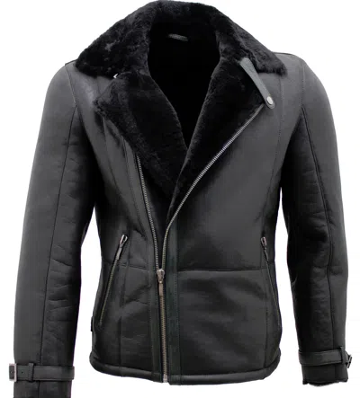 Pre-owned Infinity Men's Black Double Breasted Real Sheepskin Biker Jacket In Black With Black Fur