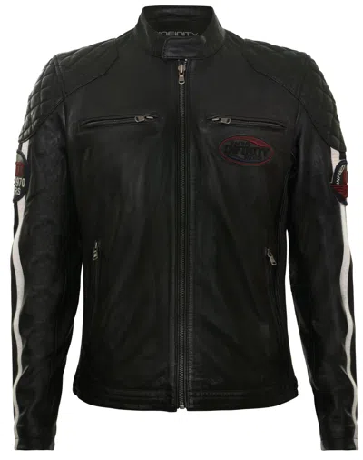 Pre-owned Infinity Men's Black Leather Biker Jacket Vintage Motorbike Striped Badged Racing Jacket