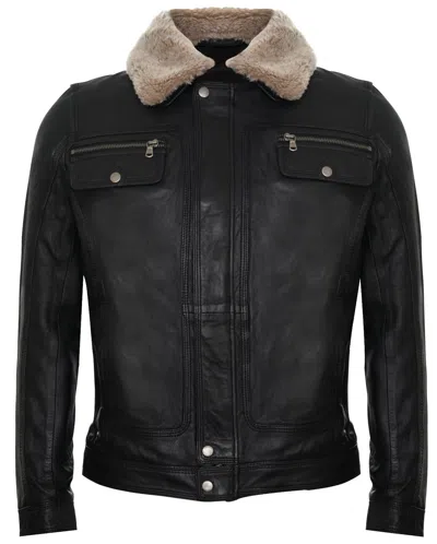 Pre-owned Infinity Men's Black Leather Jacket Trucker Removable Sheepskin Collar Casual Jeans Coat