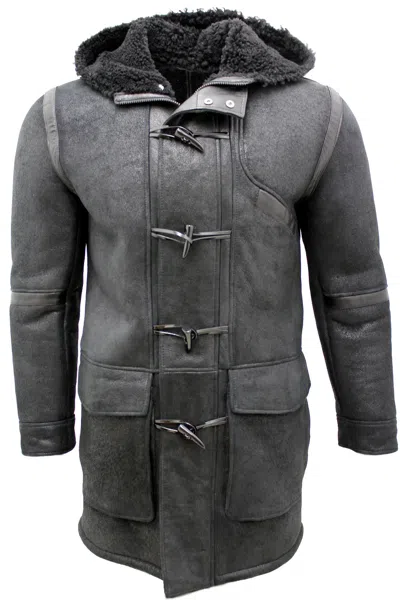 Pre-owned Infinity Men's Black Winter Sheepskin Leather Hooded Duffle Coat