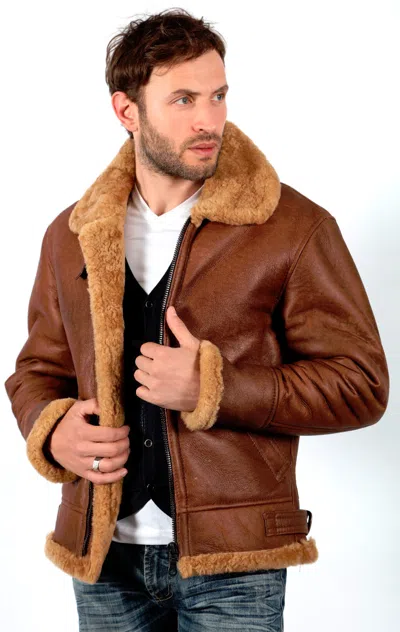 Pre-owned Infinity Men's Brown B3 Aviator Sheepskin Ww2 Bomber Leather Pilot Jacket In Coniac