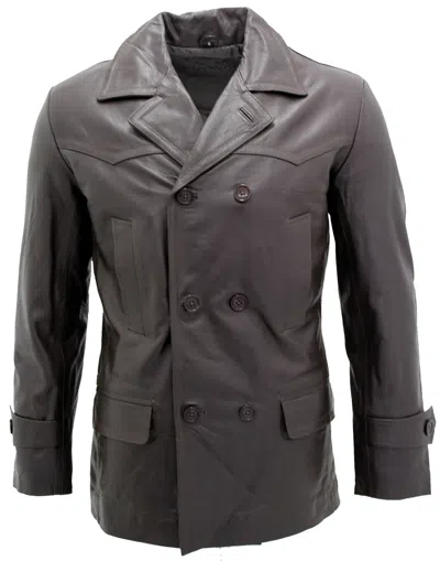 Pre-owned Infinity Men's Brown German Naval Dr Who Cow Hide Leather Pea Coat