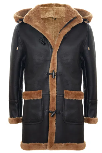 Pre-owned Infinity Men's Brown Sheepskin Duffle Coat Long Ww2 Hooded Leather Shearling Winter Parka