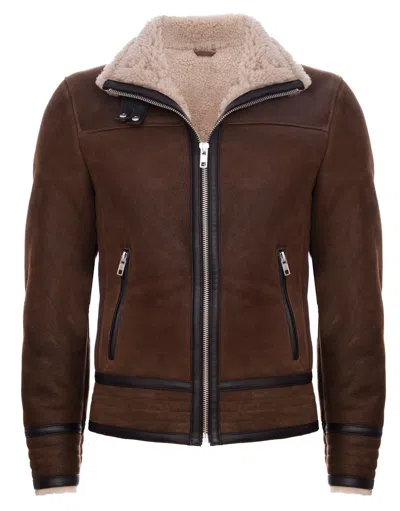 Pre-owned Infinity Men's Brown Tan Retro Raf Pilot Real Sheepskin Shearling Biker Leather Jacket