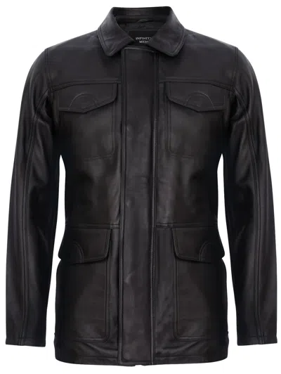 Pre-owned Infinity Men's Classic Black Genuine Real Leather Retro Safari Parker Trench Jacket